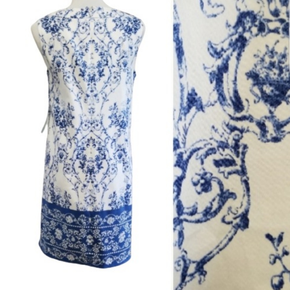 🆕️⬇️London Times Blue & White Border Floral Paisley Shift Dress - Picture 6 of 8